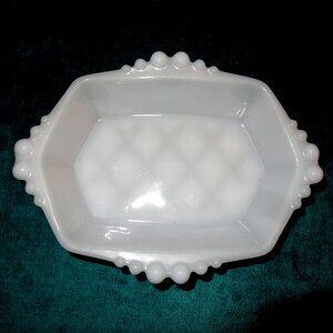 1950s Vintage Anchor Hocking Milk Glass Criss-Cross Hex-Shaped Candy Dish.